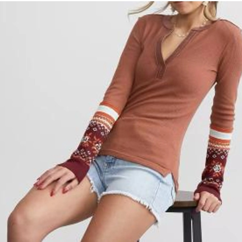 Free People Thermal Knit Henley Top Long Sleeve Cozy Boho Chic Top NWT Sz M #165